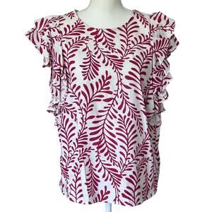 WHO WHAT WEAR Women's Floral Print Ruffle Sleeve Blouse in‎ Red-Size L